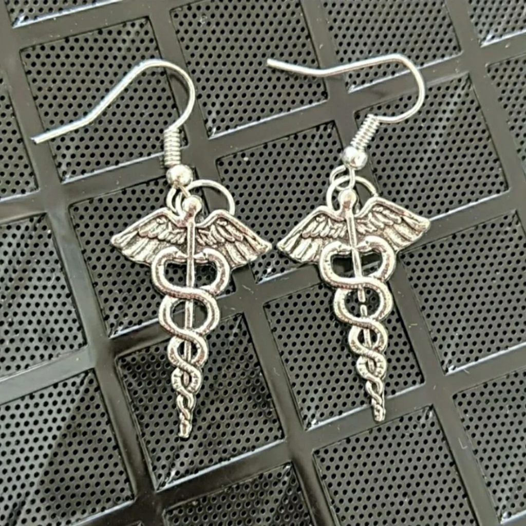 Sterling Silver Nurse Caduceus Earrings Health Sign Doctor Medical